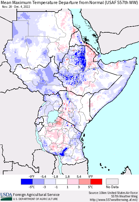 Eastern Africa Mean Maximum Temperature Departure from Normal (USAF 557th WW) Thematic Map For 11/28/2022 - 12/4/2022