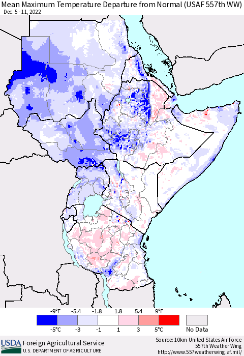 Eastern Africa Mean Maximum Temperature Departure from Normal (USAF 557th WW) Thematic Map For 12/5/2022 - 12/11/2022