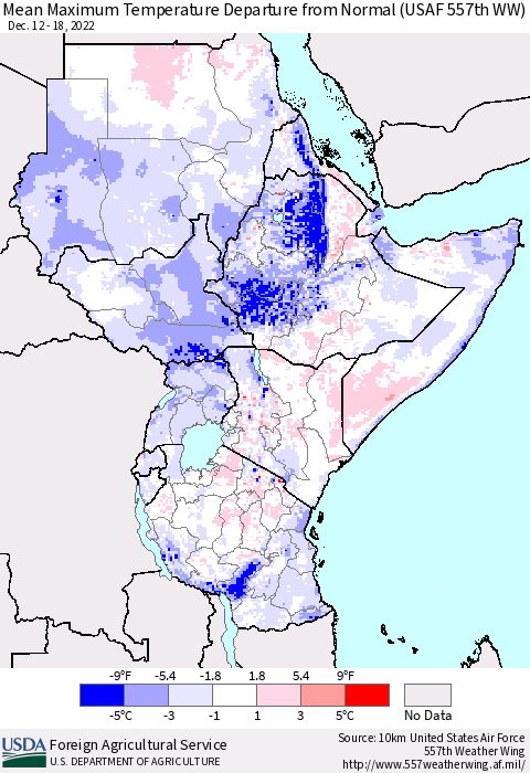 Eastern Africa Mean Maximum Temperature Departure from Normal (USAF 557th WW) Thematic Map For 12/12/2022 - 12/18/2022