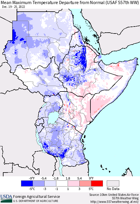 Eastern Africa Mean Maximum Temperature Departure from Normal (USAF 557th WW) Thematic Map For 12/19/2022 - 12/25/2022