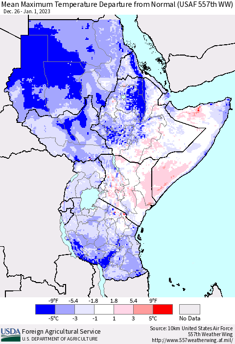 Eastern Africa Mean Maximum Temperature Departure from Normal (USAF 557th WW) Thematic Map For 12/26/2022 - 1/1/2023