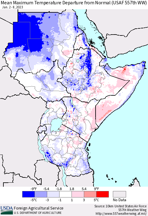 Eastern Africa Mean Maximum Temperature Departure from Normal (USAF 557th WW) Thematic Map For 1/2/2023 - 1/8/2023