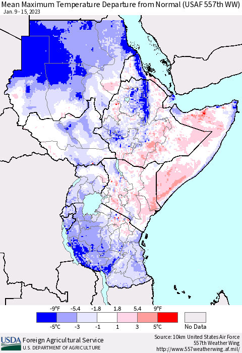 Eastern Africa Mean Maximum Temperature Departure from Normal (USAF 557th WW) Thematic Map For 1/9/2023 - 1/15/2023