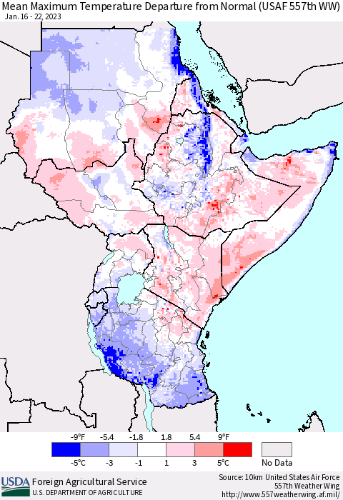 Eastern Africa Mean Maximum Temperature Departure from Normal (USAF 557th WW) Thematic Map For 1/16/2023 - 1/22/2023