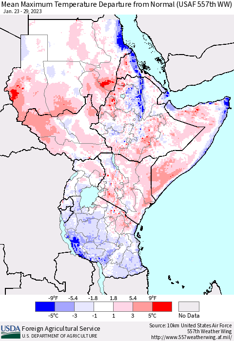 Eastern Africa Mean Maximum Temperature Departure from Normal (USAF 557th WW) Thematic Map For 1/23/2023 - 1/29/2023