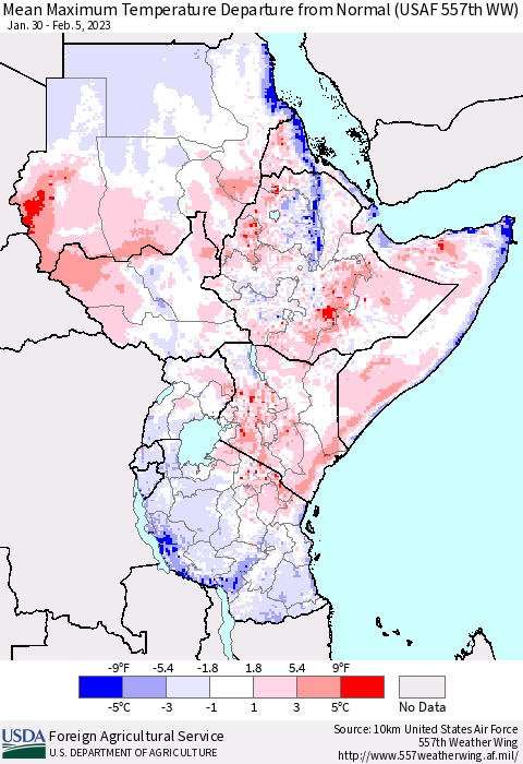 Eastern Africa Mean Maximum Temperature Departure from Normal (USAF 557th WW) Thematic Map For 1/30/2023 - 2/5/2023
