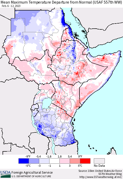 Eastern Africa Mean Maximum Temperature Departure from Normal (USAF 557th WW) Thematic Map For 2/6/2023 - 2/12/2023