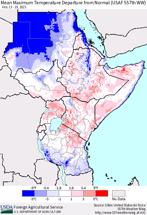 Eastern Africa Mean Maximum Temperature Departure from Normal (USAF 557th WW) Thematic Map For 2/13/2023 - 2/19/2023