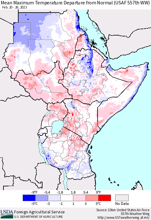 Eastern Africa Mean Maximum Temperature Departure from Normal (USAF 557th WW) Thematic Map For 2/20/2023 - 2/26/2023