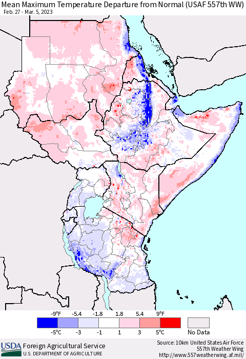 Eastern Africa Mean Maximum Temperature Departure from Normal (USAF 557th WW) Thematic Map For 2/27/2023 - 3/5/2023