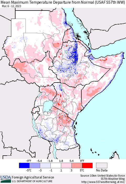 Eastern Africa Mean Maximum Temperature Departure from Normal (USAF 557th WW) Thematic Map For 3/6/2023 - 3/12/2023