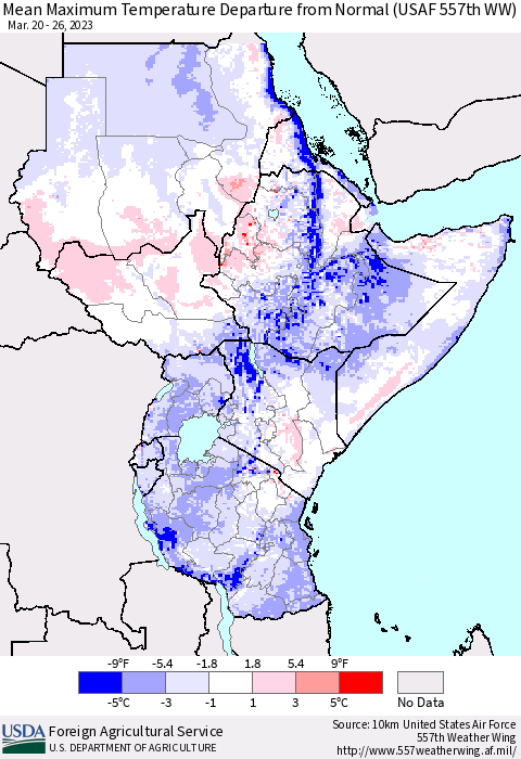 Eastern Africa Mean Maximum Temperature Departure from Normal (USAF 557th WW) Thematic Map For 3/20/2023 - 3/26/2023