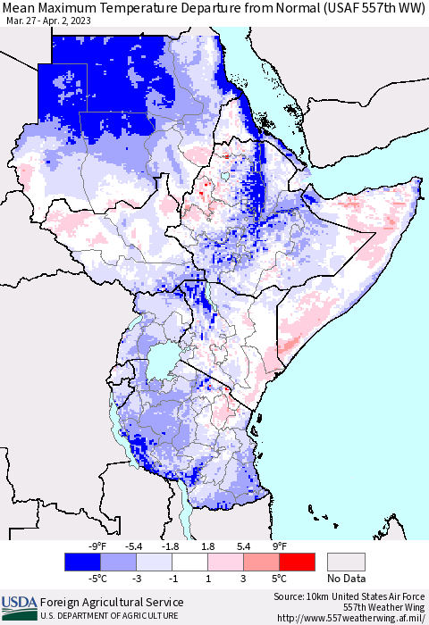 Eastern Africa Mean Maximum Temperature Departure from Normal (USAF 557th WW) Thematic Map For 3/27/2023 - 4/2/2023