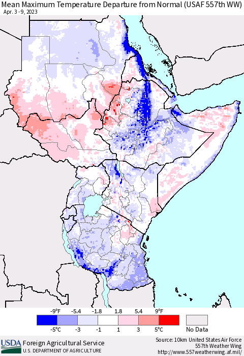 Eastern Africa Mean Maximum Temperature Departure from Normal (USAF 557th WW) Thematic Map For 4/3/2023 - 4/9/2023