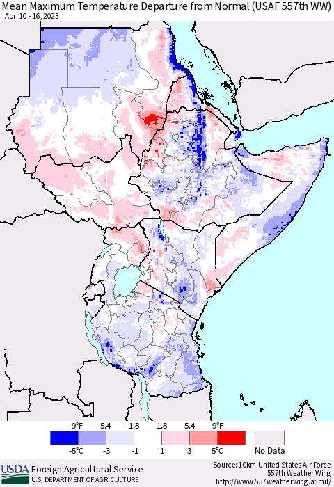 Eastern Africa Mean Maximum Temperature Departure from Normal (USAF 557th WW) Thematic Map For 4/10/2023 - 4/16/2023