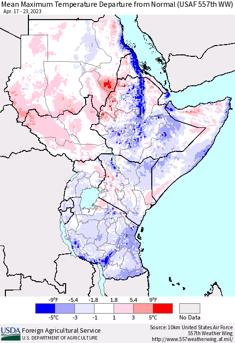 Eastern Africa Mean Maximum Temperature Departure from Normal (USAF 557th WW) Thematic Map For 4/17/2023 - 4/23/2023