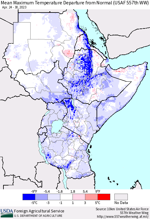 Eastern Africa Mean Maximum Temperature Departure from Normal (USAF 557th WW) Thematic Map For 4/24/2023 - 4/30/2023