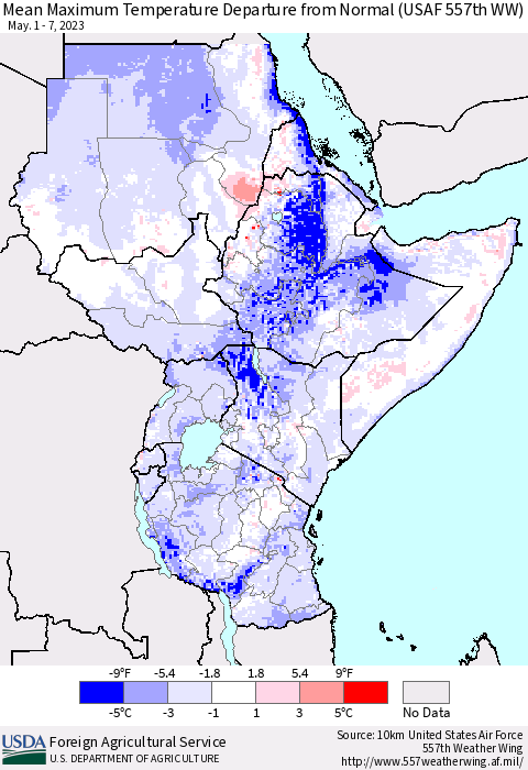Eastern Africa Mean Maximum Temperature Departure from Normal (USAF 557th WW) Thematic Map For 5/1/2023 - 5/7/2023
