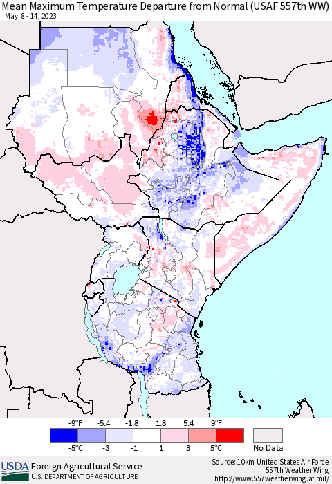 Eastern Africa Mean Maximum Temperature Departure from Normal (USAF 557th WW) Thematic Map For 5/8/2023 - 5/14/2023