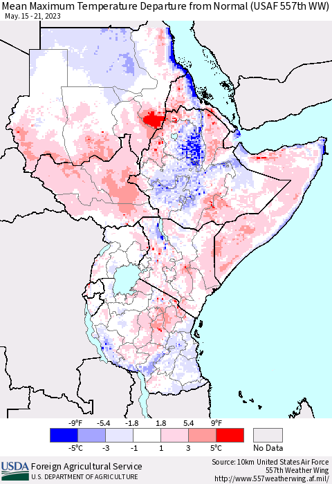 Eastern Africa Mean Maximum Temperature Departure from Normal (USAF 557th WW) Thematic Map For 5/15/2023 - 5/21/2023