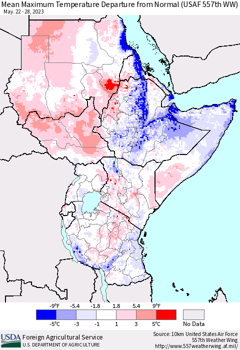 Eastern Africa Mean Maximum Temperature Departure from Normal (USAF 557th WW) Thematic Map For 5/22/2023 - 5/28/2023