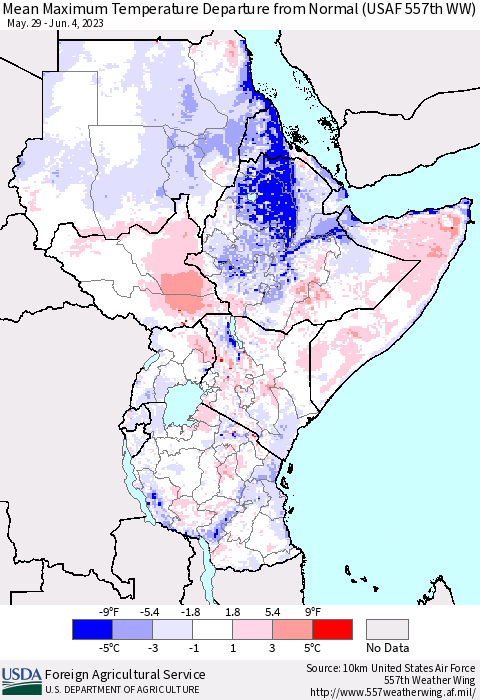 Eastern Africa Mean Maximum Temperature Departure from Normal (USAF 557th WW) Thematic Map For 5/29/2023 - 6/4/2023