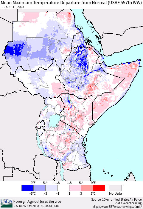 Eastern Africa Mean Maximum Temperature Departure from Normal (USAF 557th WW) Thematic Map For 6/5/2023 - 6/11/2023