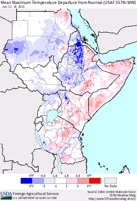 Eastern Africa Mean Maximum Temperature Departure from Normal (USAF 557th WW) Thematic Map For 6/12/2023 - 6/18/2023