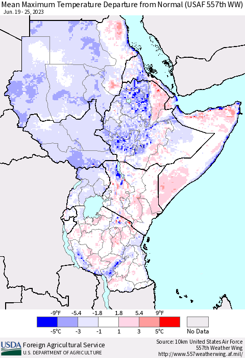 Eastern Africa Mean Maximum Temperature Departure from Normal (USAF 557th WW) Thematic Map For 6/19/2023 - 6/25/2023