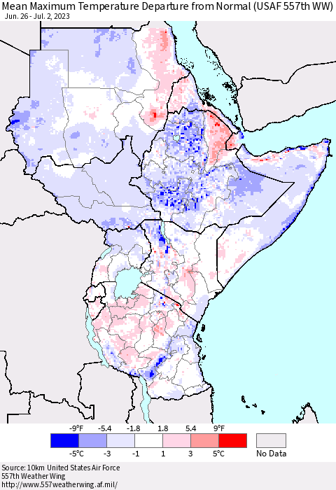 Eastern Africa Mean Maximum Temperature Departure from Normal (USAF 557th WW) Thematic Map For 6/26/2023 - 7/2/2023