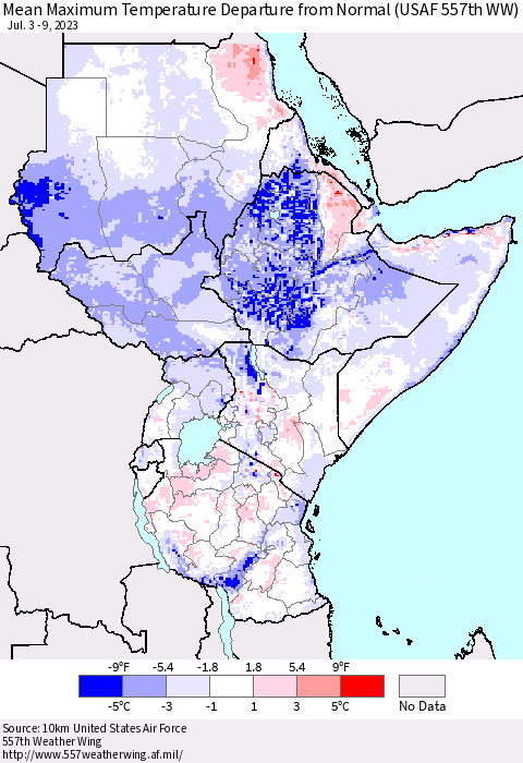Eastern Africa Mean Maximum Temperature Departure from Normal (USAF 557th WW) Thematic Map For 7/3/2023 - 7/9/2023