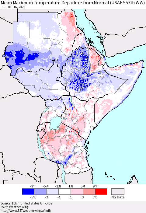Eastern Africa Mean Maximum Temperature Departure from Normal (USAF 557th WW) Thematic Map For 7/10/2023 - 7/16/2023