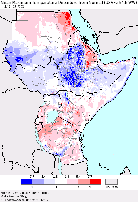 Eastern Africa Mean Maximum Temperature Departure from Normal (USAF 557th WW) Thematic Map For 7/17/2023 - 7/23/2023