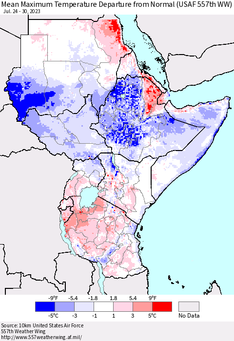 Eastern Africa Mean Maximum Temperature Departure from Normal (USAF 557th WW) Thematic Map For 7/24/2023 - 7/30/2023