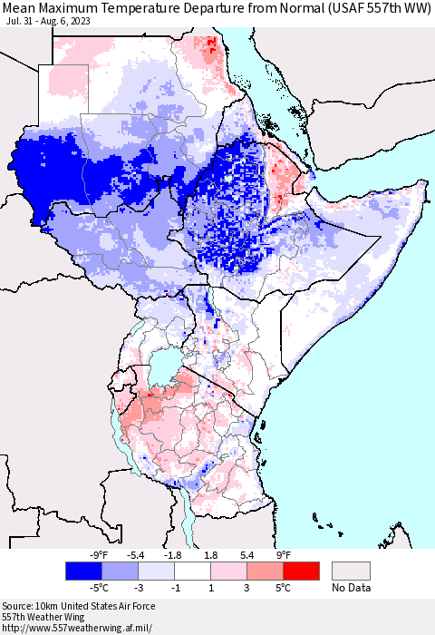 Eastern Africa Mean Maximum Temperature Departure from Normal (USAF 557th WW) Thematic Map For 7/31/2023 - 8/6/2023