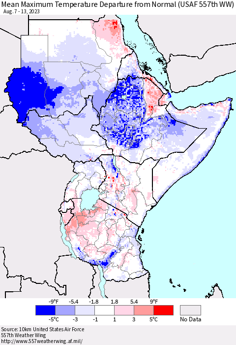 Eastern Africa Mean Maximum Temperature Departure from Normal (USAF 557th WW) Thematic Map For 8/7/2023 - 8/13/2023