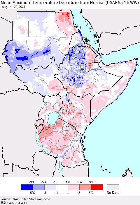 Eastern Africa Mean Maximum Temperature Departure from Normal (USAF 557th WW) Thematic Map For 8/14/2023 - 8/20/2023