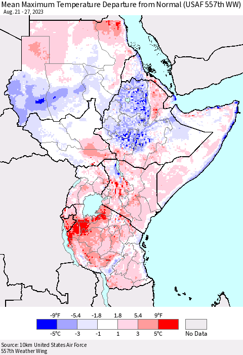 Eastern Africa Mean Maximum Temperature Departure from Normal (USAF 557th WW) Thematic Map For 8/21/2023 - 8/27/2023