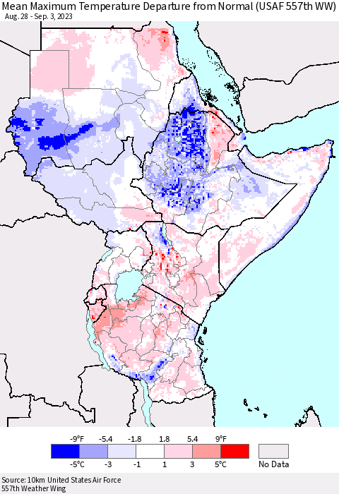 Eastern Africa Mean Maximum Temperature Departure from Normal (USAF 557th WW) Thematic Map For 8/28/2023 - 9/3/2023