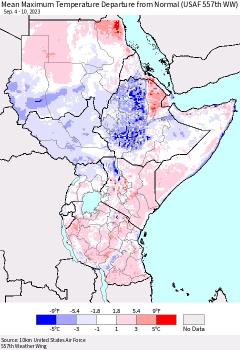 Eastern Africa Mean Maximum Temperature Departure from Normal (USAF 557th WW) Thematic Map For 9/4/2023 - 9/10/2023