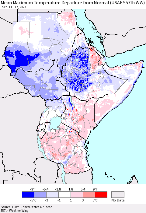 Eastern Africa Mean Maximum Temperature Departure from Normal (USAF 557th WW) Thematic Map For 9/11/2023 - 9/17/2023