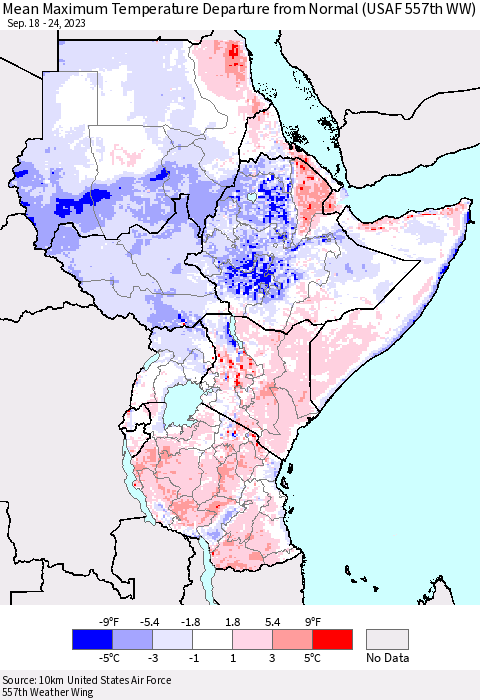 Eastern Africa Mean Maximum Temperature Departure from Normal (USAF 557th WW) Thematic Map For 9/18/2023 - 9/24/2023