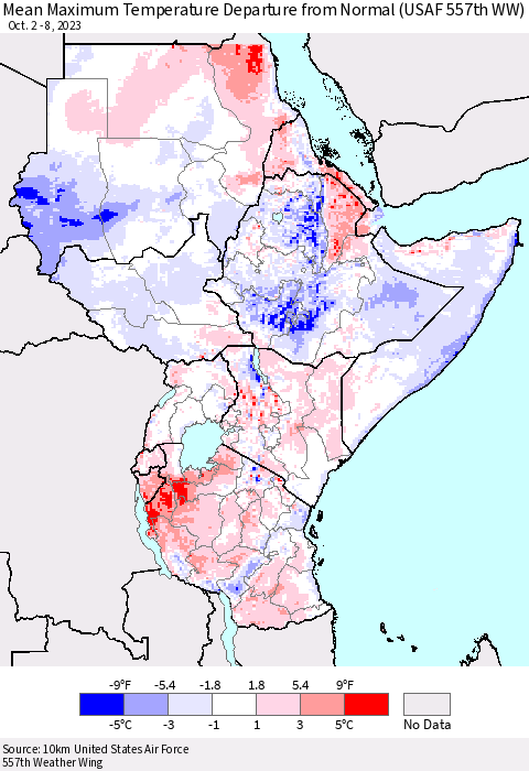 Eastern Africa Mean Maximum Temperature Departure from Normal (USAF 557th WW) Thematic Map For 10/2/2023 - 10/8/2023