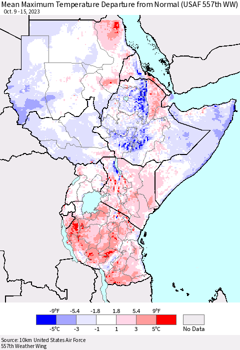 Eastern Africa Mean Maximum Temperature Departure from Normal (USAF 557th WW) Thematic Map For 10/9/2023 - 10/15/2023