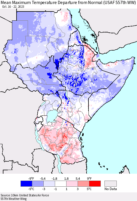 Eastern Africa Mean Maximum Temperature Departure from Normal (USAF 557th WW) Thematic Map For 10/16/2023 - 10/22/2023