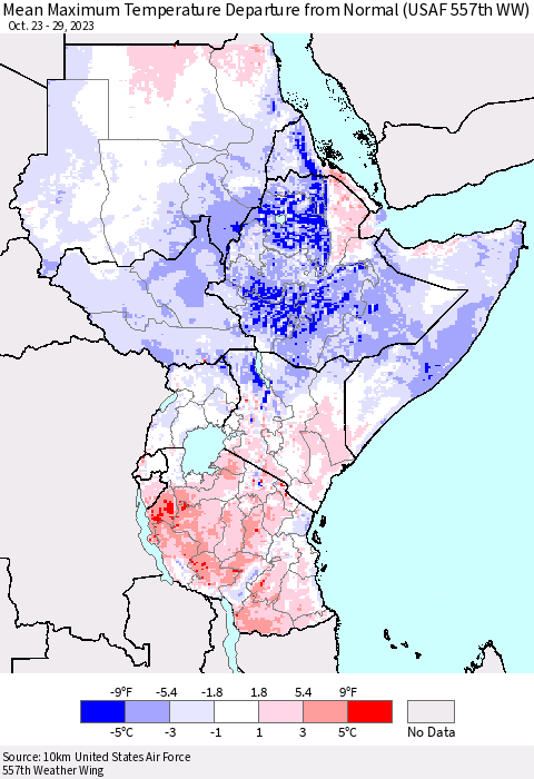 Eastern Africa Mean Maximum Temperature Departure from Normal (USAF 557th WW) Thematic Map For 10/23/2023 - 10/29/2023