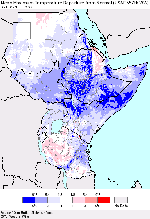 Eastern Africa Mean Maximum Temperature Departure from Normal (USAF 557th WW) Thematic Map For 10/30/2023 - 11/5/2023