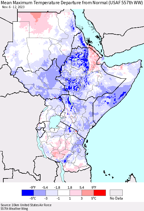 Eastern Africa Mean Maximum Temperature Departure from Normal (USAF 557th WW) Thematic Map For 11/6/2023 - 11/12/2023