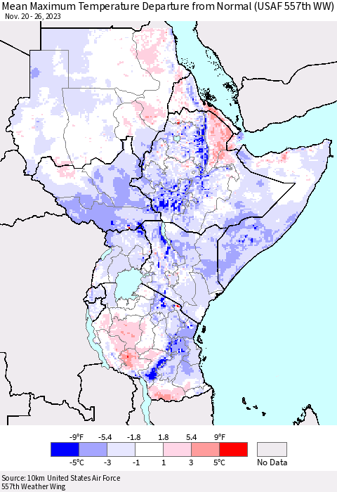 Eastern Africa Mean Maximum Temperature Departure from Normal (USAF 557th WW) Thematic Map For 11/20/2023 - 11/26/2023