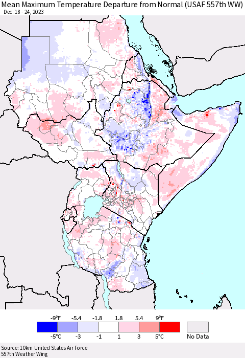 Eastern Africa Mean Maximum Temperature Departure from Normal (USAF 557th WW) Thematic Map For 12/18/2023 - 12/24/2023